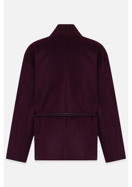 Bordo Yakasız Dökümlü Rahat Kesim Kaban