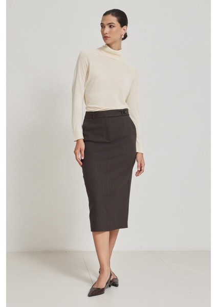 Acı-Kahve Belden Kemer Detaylı Çizgili Midi Boy Etek