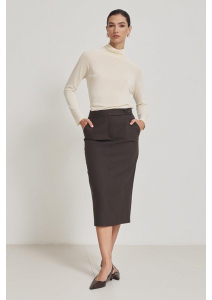 Acı-Kahve Belden Kemer Detaylı Çizgili Midi Boy Etek fiyatları