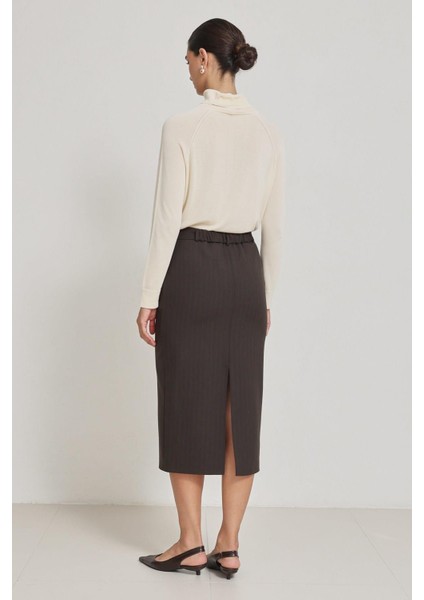 Acı-Kahve Belden Kemer Detaylı Çizgili Midi Boy Etek fırsatları