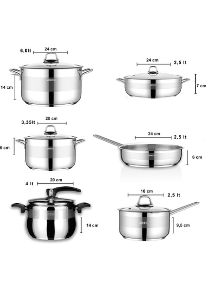 Merkür 11 Parça Tüm Ocaklara Uyumlu Paslanmaz Çelik Tencere Tava Sütlük Düdüklü Tencere Seti MER-2835
