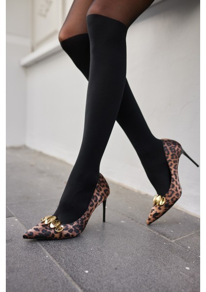 Noom Kadın Leopar Tokali Metal Topuklu Stıletto