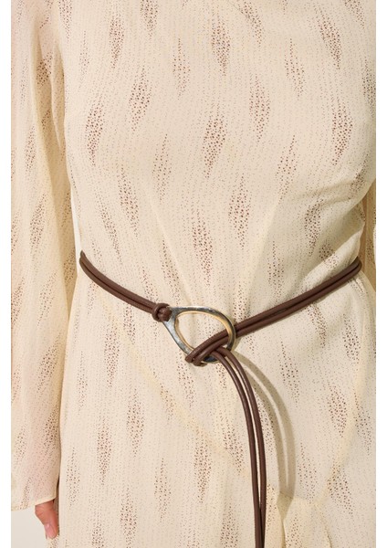 Krem Yaka ve Kol Detaylı Desenli Kemerli Midi Boy Elbise fırsatları