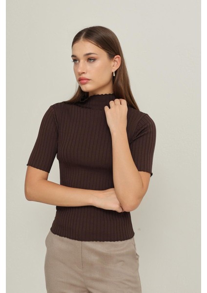 Acı-Kahve Balıkçı Yaka Kısa Kollu Triko Bluz