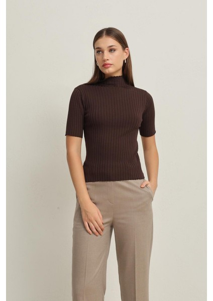 Acı-Kahve Balıkçı Yaka Kısa Kollu Triko Bluz modelleri