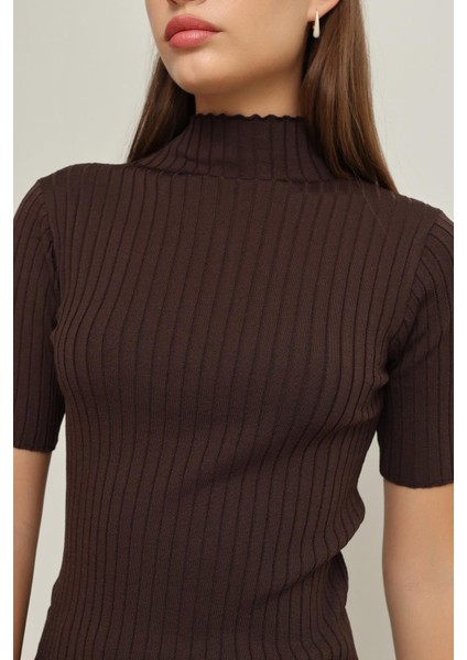 Acı-Kahve Balıkçı Yaka Kısa Kollu Triko Bluz fırsatları