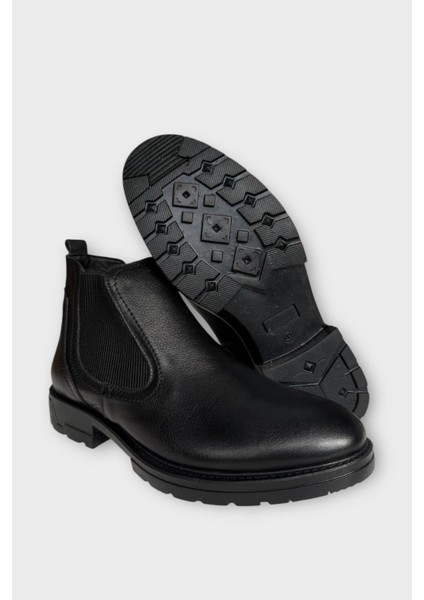 Hakiki Deri Yanı Lastikli Kaydırmaz Kauçuk Taban Erkek Bot Siyah