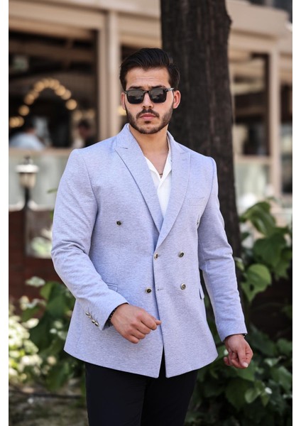 Erkek Slim Fit Penye Kumaş Kruvaze Ceket
