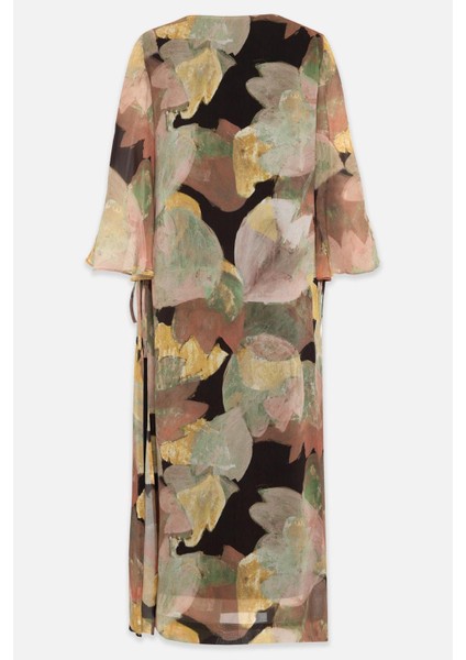 Siyah-Sarı Uzun Kollu Desenli Yandan Bağlama Detaylı Elbise fiyatları