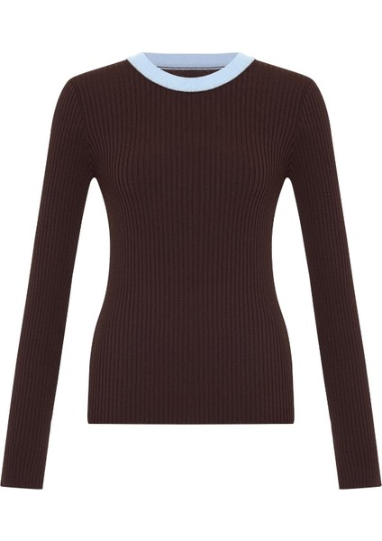 Kahverengi Boyundan Şerit Detaylı Uzun Kollu Triko Bluz modelleri