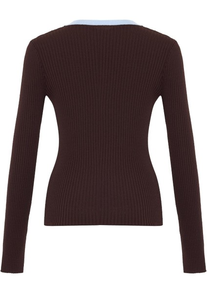 Kahverengi Boyundan Şerit Detaylı Uzun Kollu Triko Bluz indirimleri