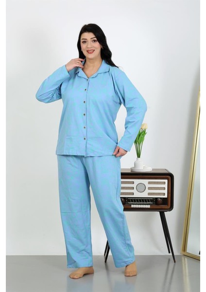 Kadın Büyük Beden Pamuklu Cepli Düğmeli Mavi Pijama Takım modelleri