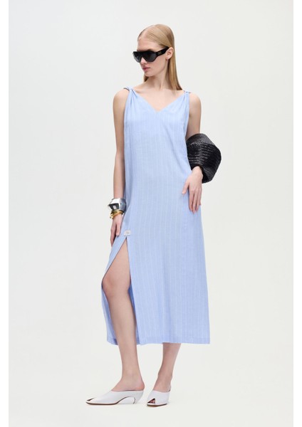 Keten Karışımlı Çizgili Elbise