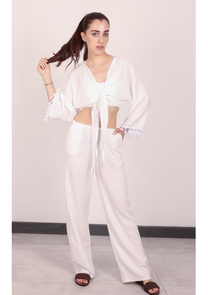 Kadın Beyaz Püsküllü Pantolon Takım fiyatları