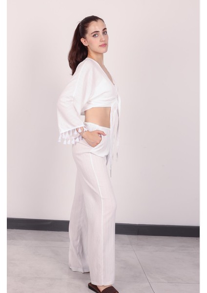 Kadın Beyaz Püsküllü Pantolon Takım modelleri