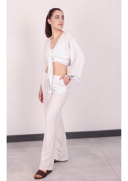 Kadın Beyaz Püsküllü Pantolon Takım fırsatları