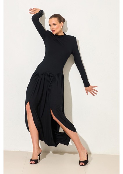 Siyah Uzun Kollu Bel ve Etek Detaylı Midi Boy Elbise fiyatları