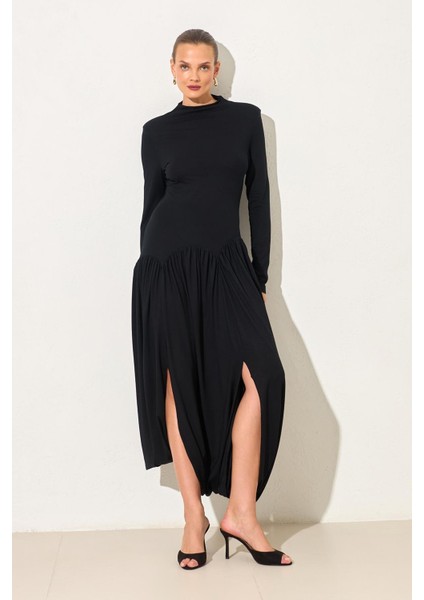Siyah Uzun Kollu Bel ve Etek Detaylı Midi Boy Elbise modelleri