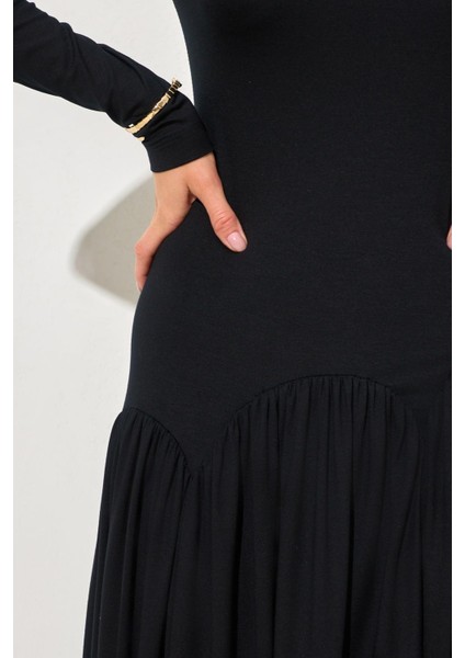 Siyah Uzun Kollu Bel ve Etek Detaylı Midi Boy Elbise fırsatları