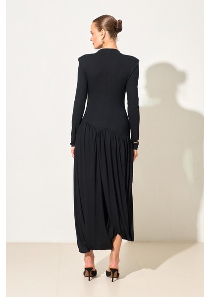 Siyah Uzun Kollu Bel ve Etek Detaylı Midi Boy Elbise indirimleri