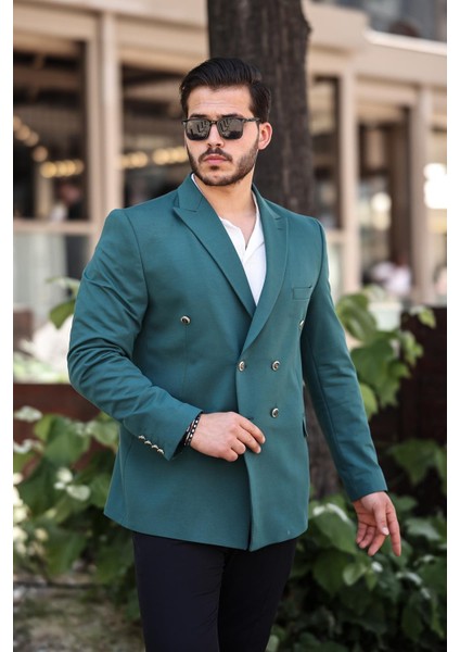 Erkek Slim Fit Penye Kumaş Kruvaze Ceket