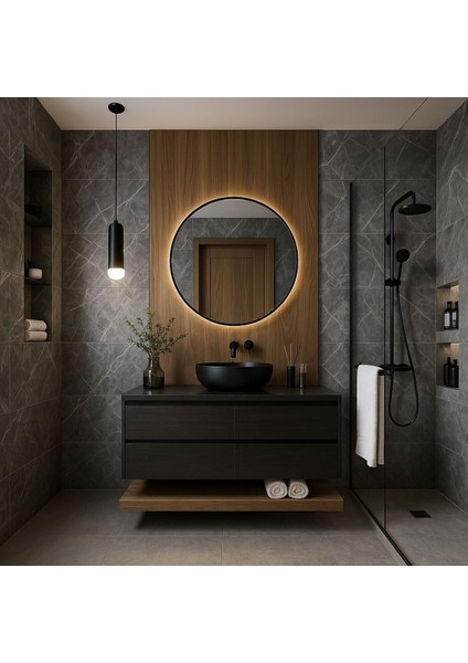 Kablosuz Pilli Ledli Siyah Mdf Çerçeveii 4mm Kalite Dekoratif Ayna (Piller Hediye) (Mobilya)