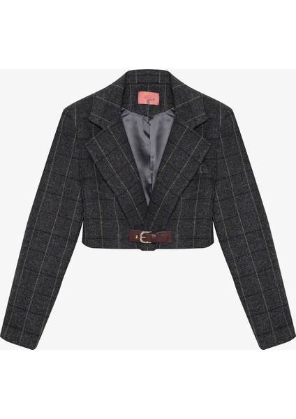 Balıksırtı Kemer Tokalı Crop Blazer Ceket Antrasit