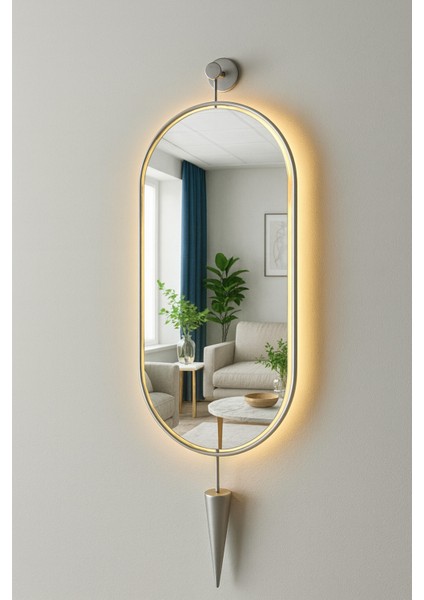 Xl Boy Serenity Exclusive Mat Gümüş Konikli Ledli Ayna Iskandinav Tarzı Dekoratif Duvar Aynası 30X80