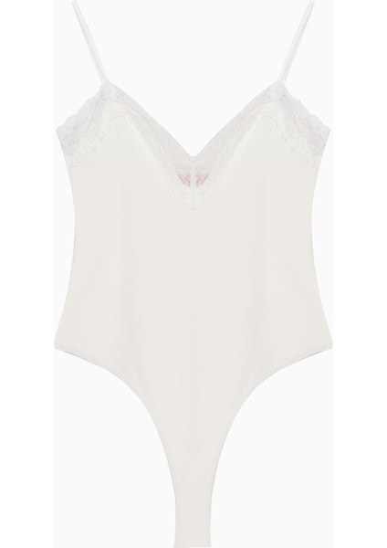 Dantel Yaka Askılı Bodysuit Ekru