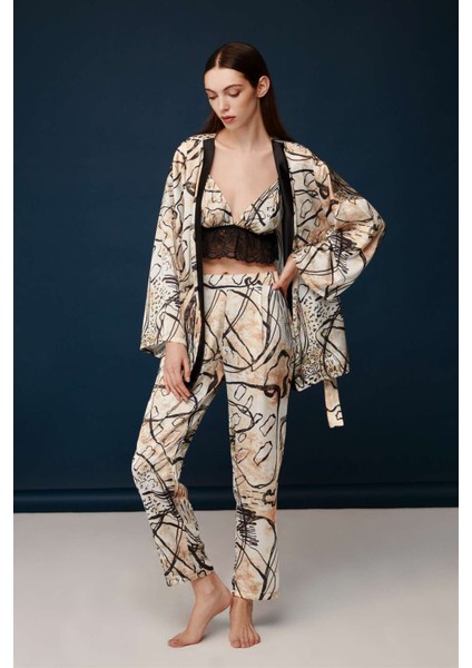 Kadın Baskılı Dantel Braletli Saten 3'lü Pijama Takımı 30021 fiyatları