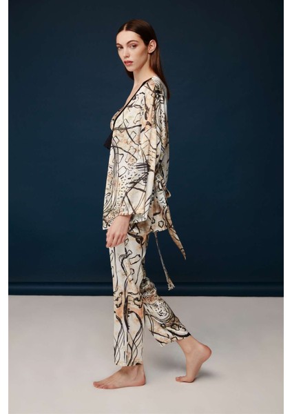 Kadın Baskılı Dantel Braletli Saten 3'lü Pijama Takımı 30021