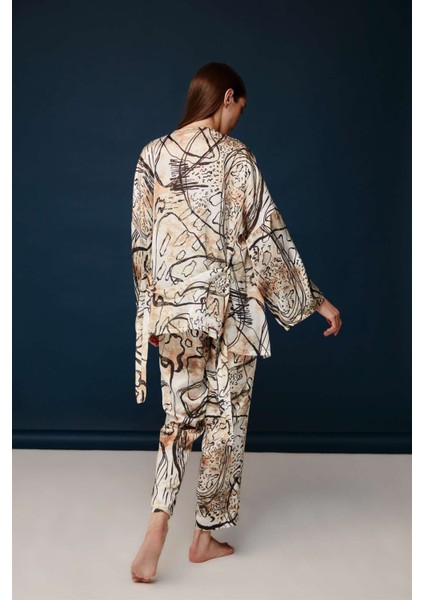 Kadın Baskılı Dantel Braletli Saten 3'lü Pijama Takımı 30021