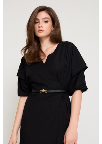 Siyah Kruvaze Yaka Kol Detaylı Tam Kalıp Midi Boy Elbise modelleri