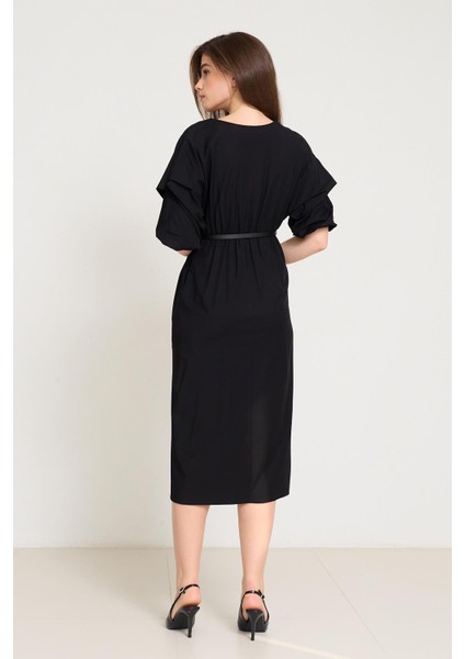Siyah Kruvaze Yaka Kol Detaylı Tam Kalıp Midi Boy Elbise indirimleri