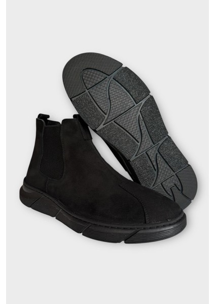 Hakiki Deri Yanı Lastikli Kaydırmaz Kauçuk Taban Erkek Bot Siyah