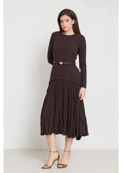 Acı-Kahve Kemer Detaylı Uzun Kollu Midi Elbise