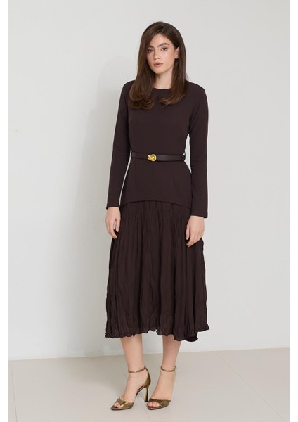 Acı-Kahve Kemer Detaylı Uzun Kollu Midi Elbise modelleri