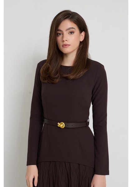 Acı-Kahve Kemer Detaylı Uzun Kollu Midi Elbise fırsatları