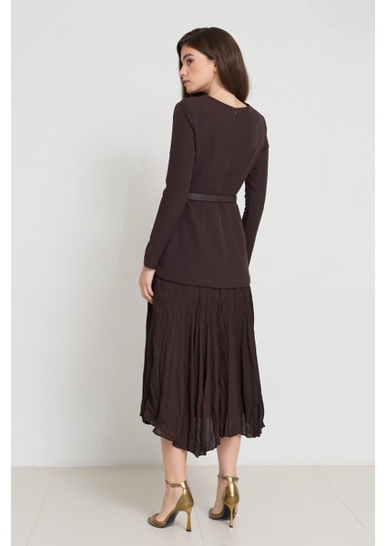 Acı-Kahve Kemer Detaylı Uzun Kollu Midi Elbise indirimleri