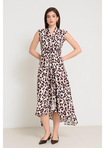 Krem - Acı Kahve Kolsuz Yaka ve Bel Detaylı Leopar Desenli Midi Boy Elbise