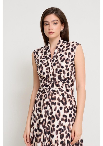Krem - Acı Kahve Kolsuz Yaka ve Bel Detaylı Leopar Desenli Midi Boy Elbise fiyatları