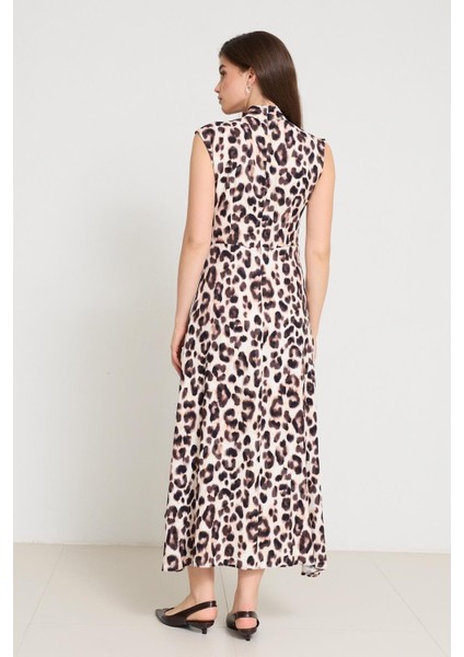 Krem - Acı Kahve Kolsuz Yaka ve Bel Detaylı Leopar Desenli Midi Boy Elbise indirimleri