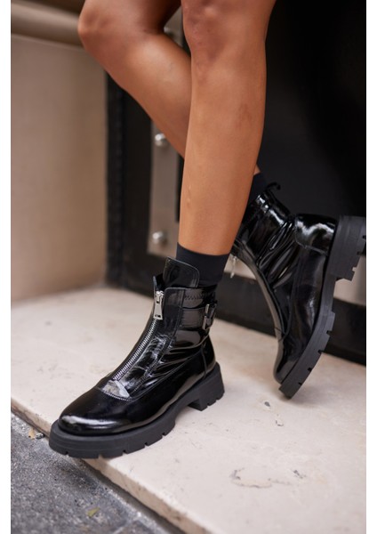 Area Kadın Siyah Gercek Deri On Fermuar Strec Detayli Bot