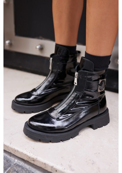 Area Kadın Siyah Gercek Deri On Fermuar Strec Detayli Bot