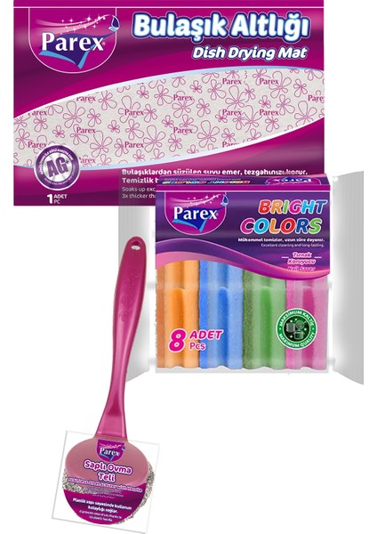 Bulaşık Altlığı 8’li Oluklu Sünger ve Saplı Ovma Teli Paketi