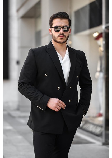 Erkek Slim Fit Penye Kumaş Kruvaze Ceket