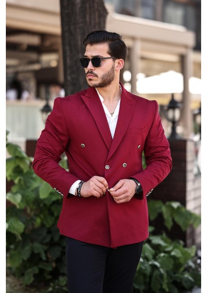 Erkek Slim Fit Penye Kumaş Kruvaze Ceket