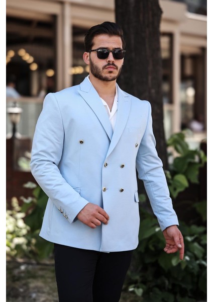 Erkek Slim Fit Penye Kumaş Kruvaze Ceket