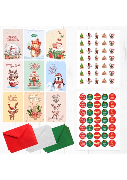 20 Parça Yılbaşı Kartpostal, Zarf ve Sticker Seti (9 Adet Kartpostal, 9 Adet Zarf, 2 Sayfa Sticker)
