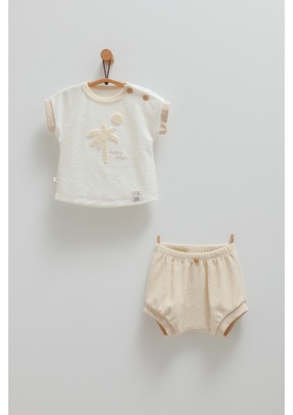 Sunny Days Palmiye Desenli Havlu Kumaş Tshırt Şort Takım Bej